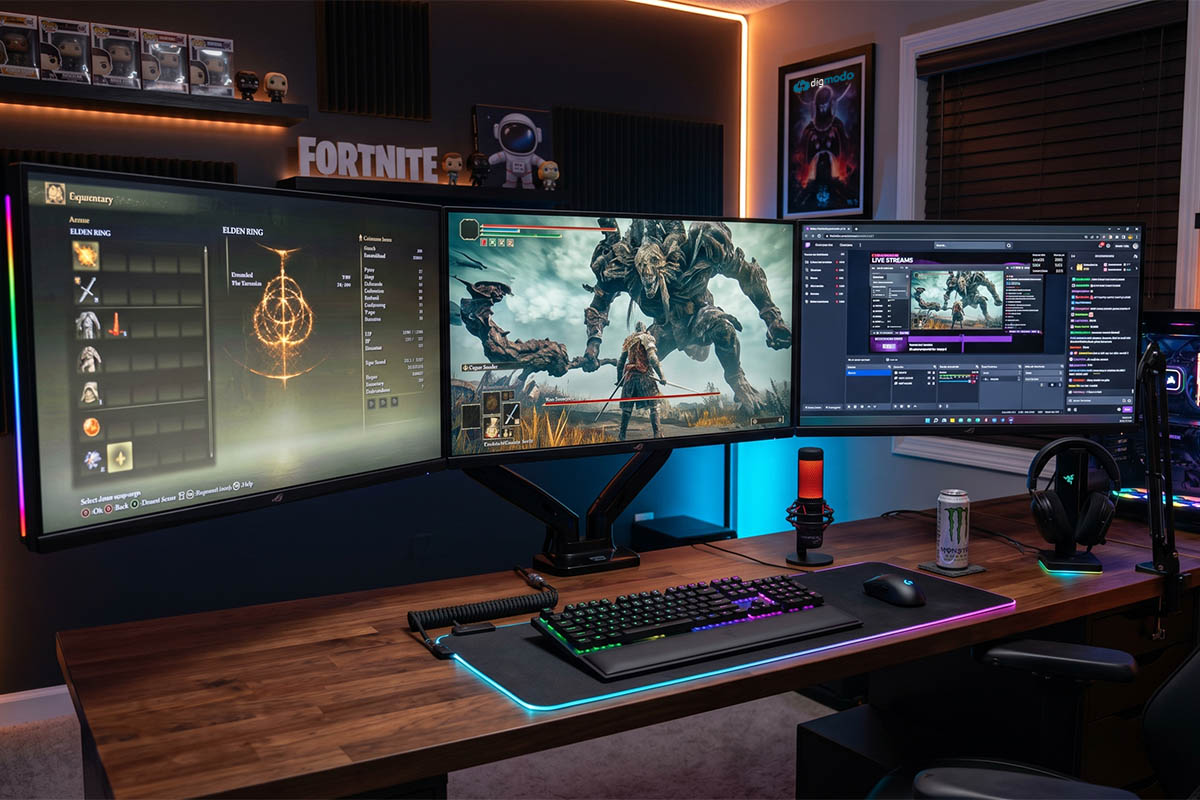 gaming monitors and desktop computer on a desk