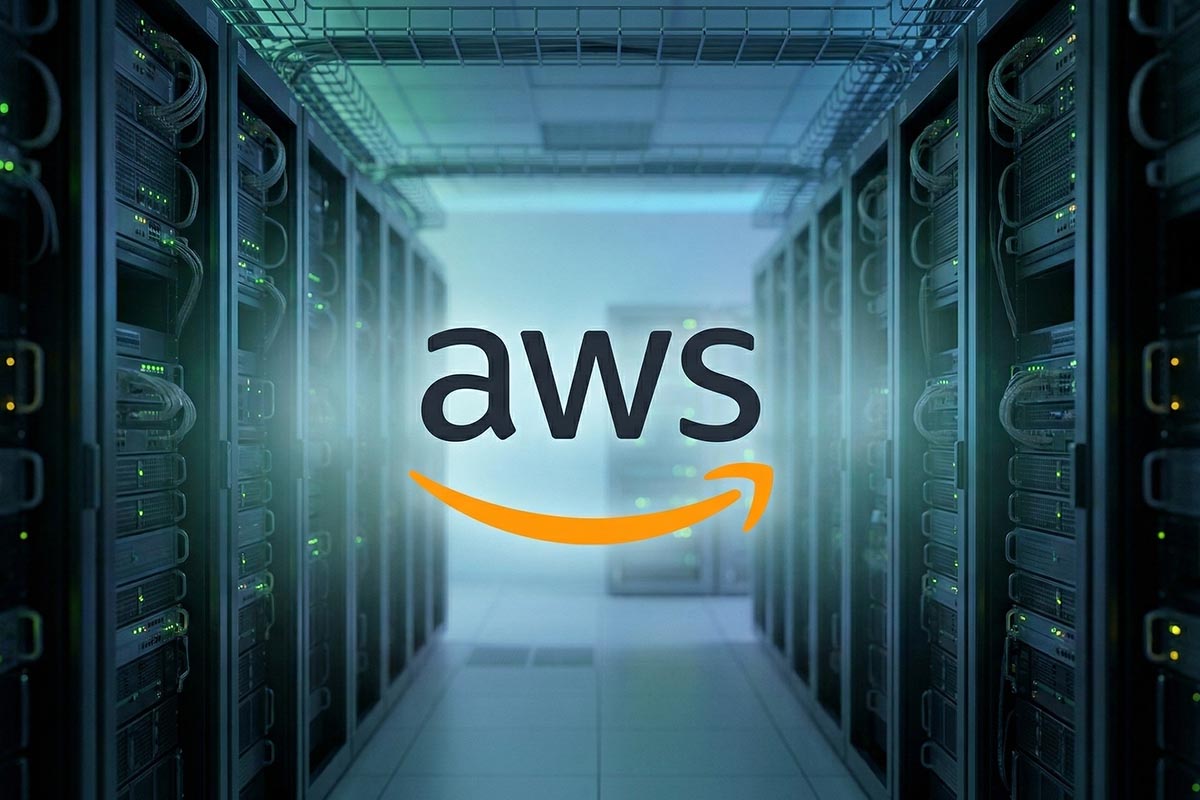 amazon aws web hosting review logo with futuristic server racks in the background