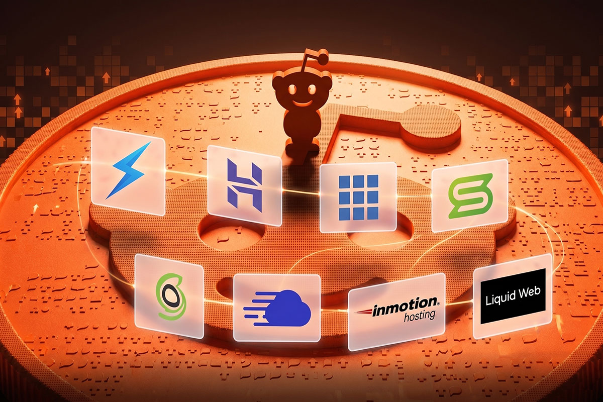 reddit logo on background with the logos of several web hosting providers