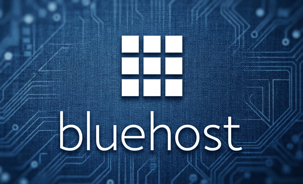 bluehost review logo on network tech background