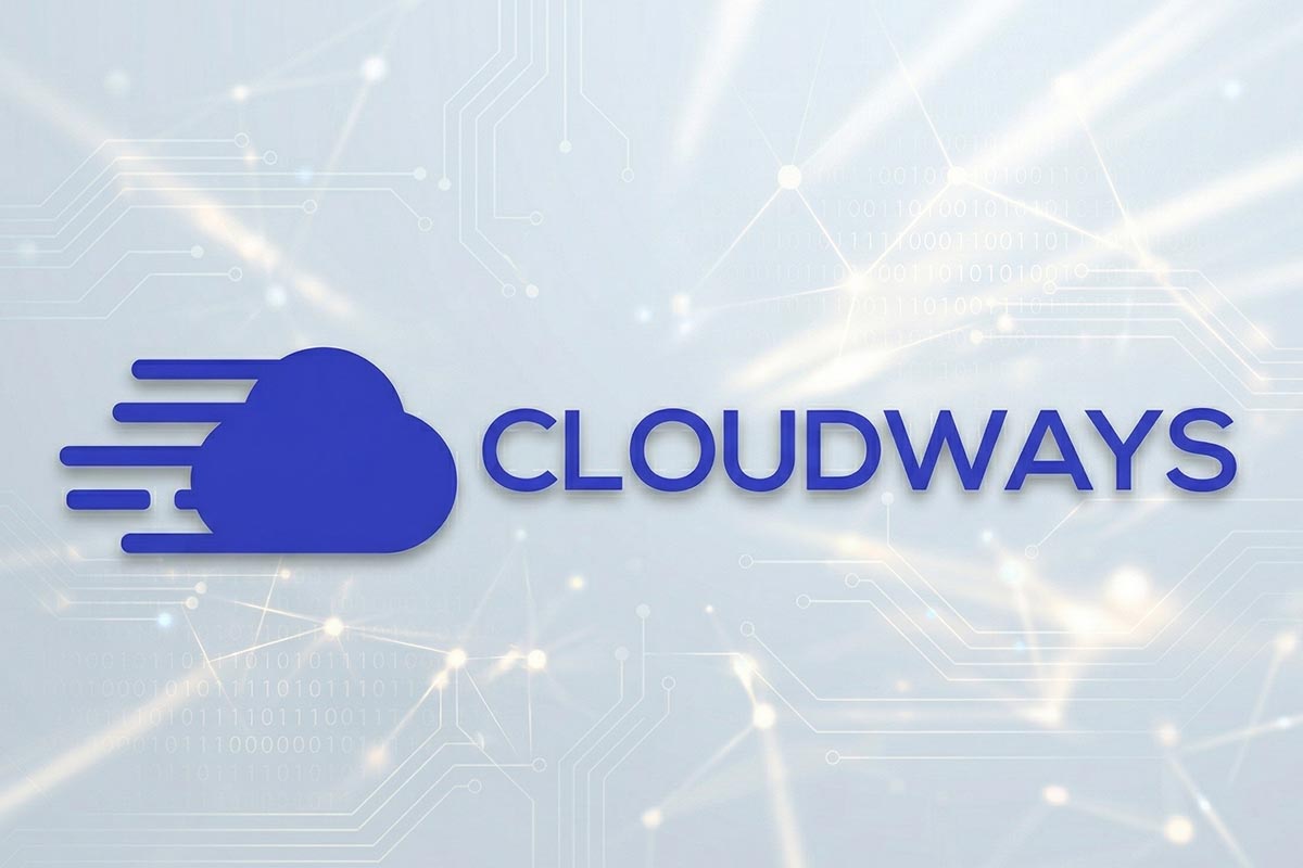 cloudways hosting review logo with light technology focused background