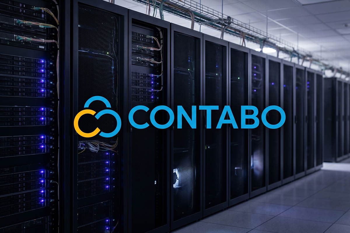 contabo review logo against server rack background