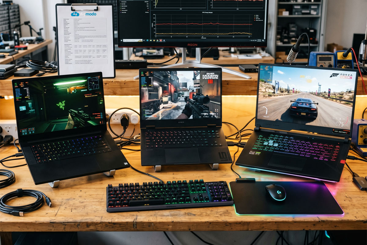 three gaming laptops on desk ready for testing