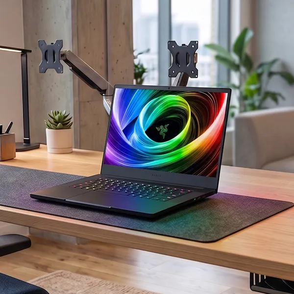 Razer Blade 16 gaming laptop on a desk in an office environment