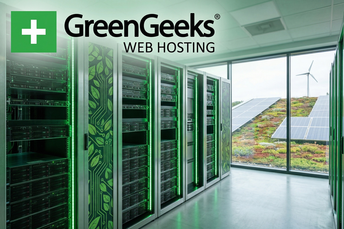 greengeeks logo with server farm solar and windmill in background showing eco approach to hosting