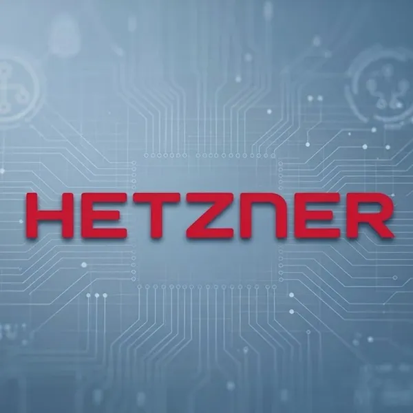 Hetzner hosting logo on a tech focused background