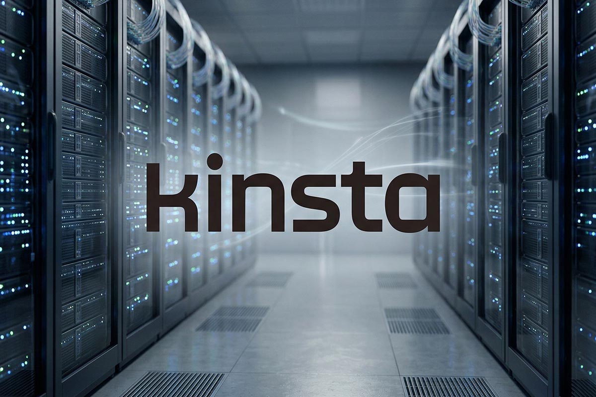 kinsta review logo in tech background with server racks