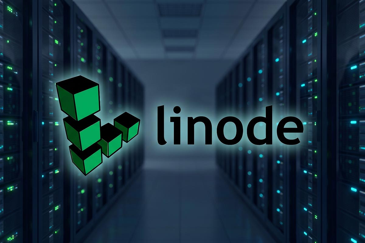 linode akamai hosting vps review logo on tech server farm background