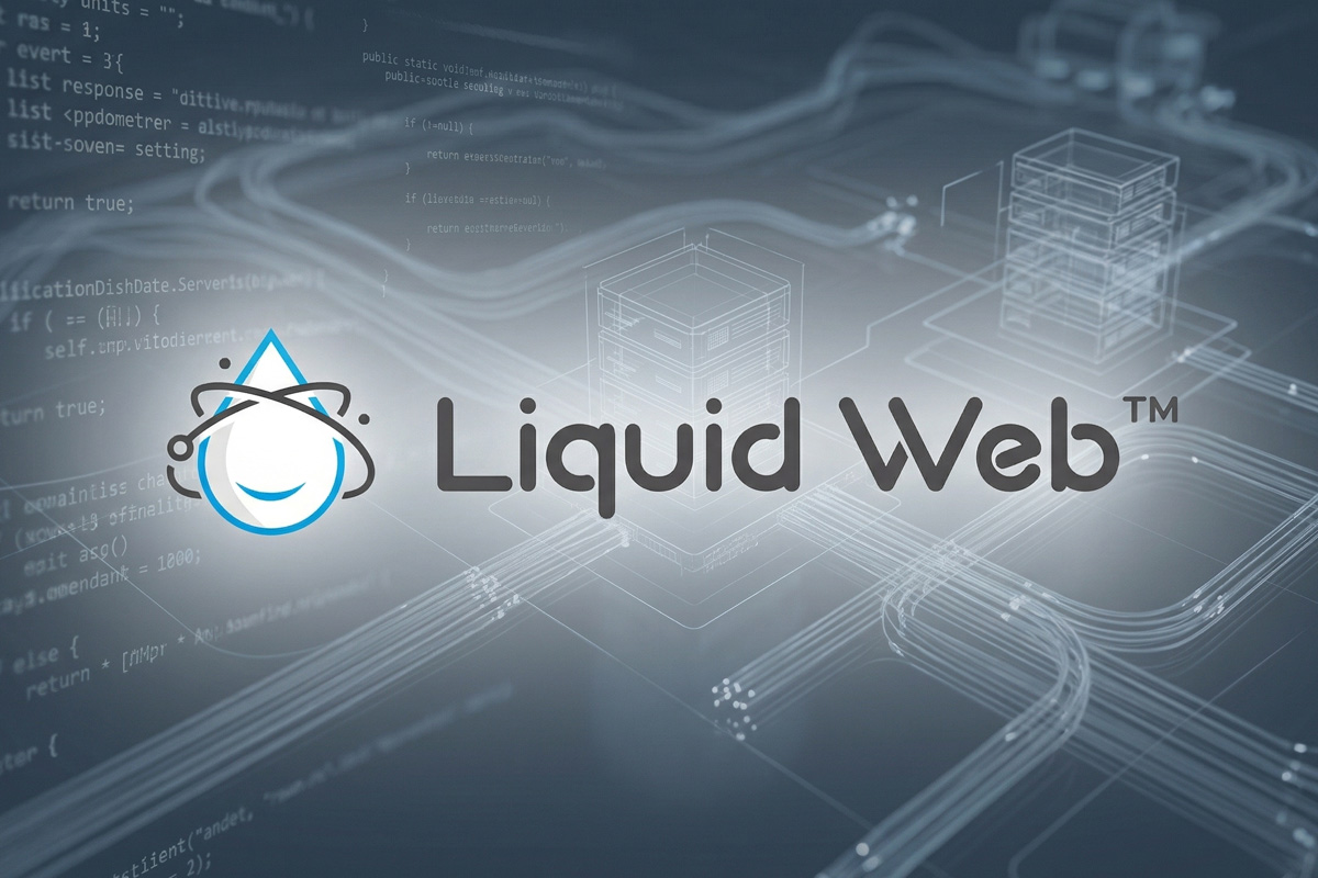 liquid web hosting review logo on a tech oriented background with servers and code