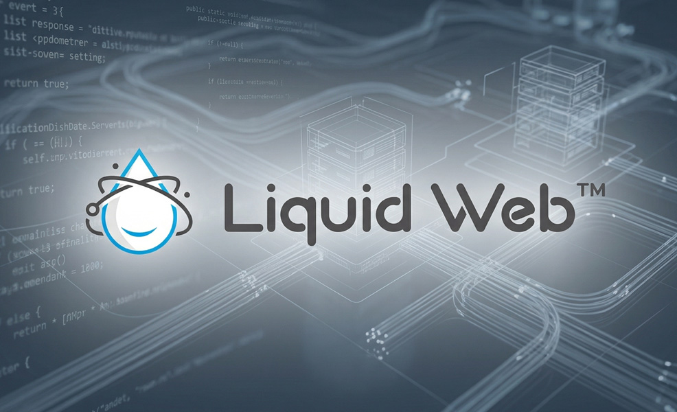 liquid web review logo on tech related background