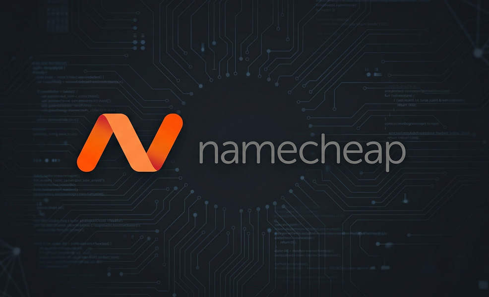 namecheap hosting review logo on tech related background