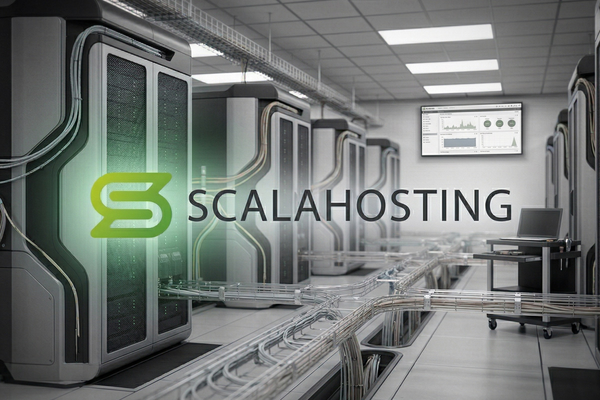 scalahosting review logo on server farm background