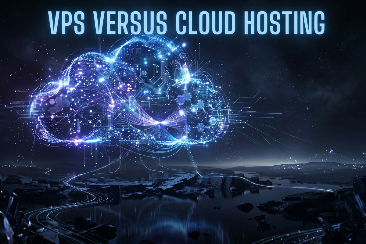 cloud hosting abstract schematic with text about vps versus cloud hosting