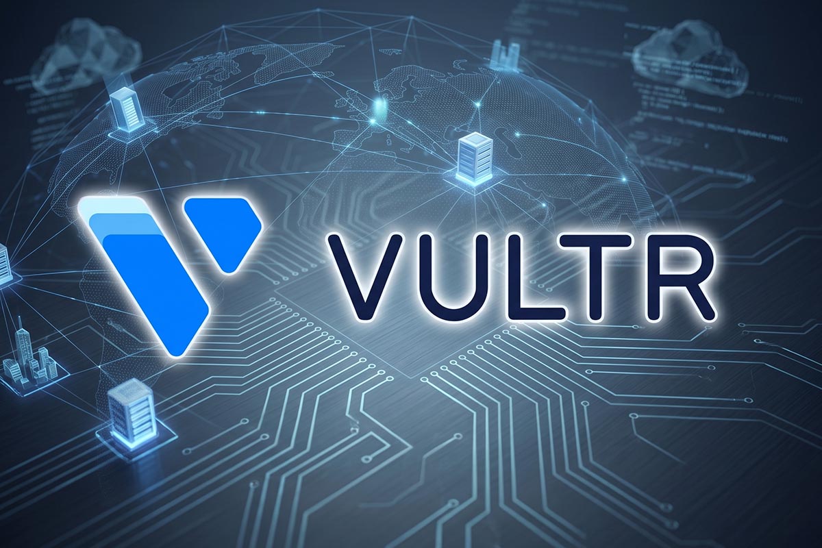 vultr vps and hosting review logo on tech oriented background with network map