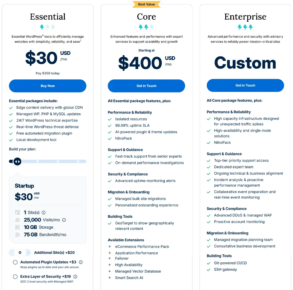 WP Engine current pricing list for managed WordPress hosting